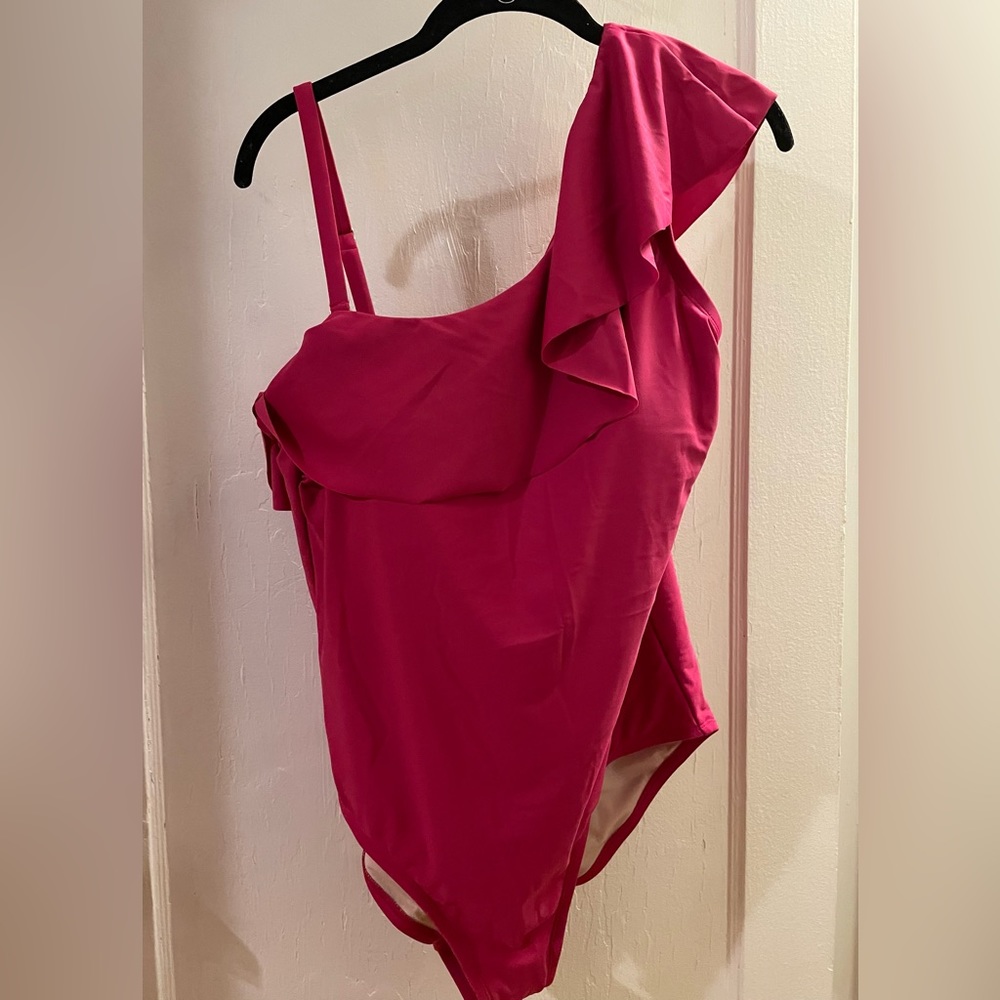 Kona Sol Ruffle One Shoulder Full Coverage One Piece Swimsuit - Size 16 Pink
